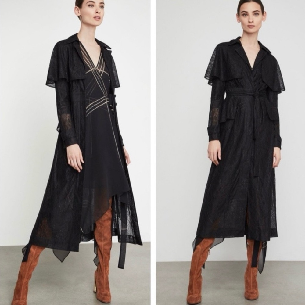 BCBGMaxAzria Black Lace Peplum Long Trench, Size XS